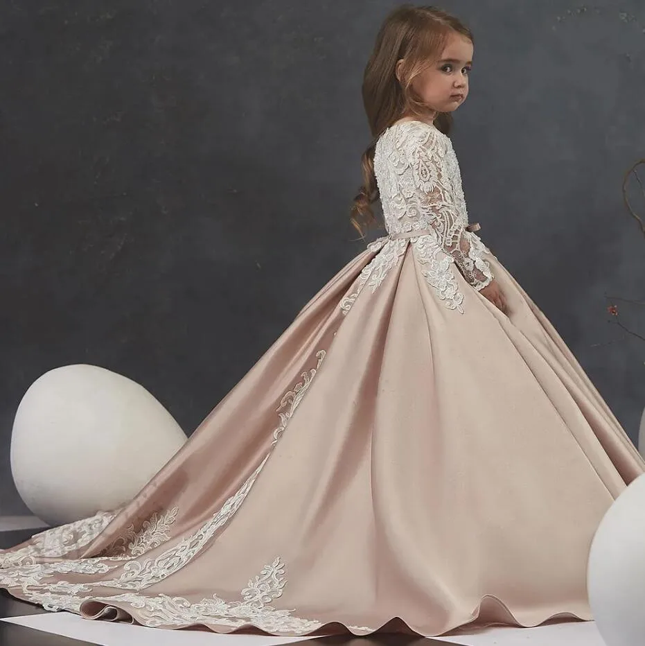 

Атласное платье с цветочным рисунком для девочек, свадебное кружевное бальное платье длиной до пола с длинными рукавами, платье принцессы на день рождения и Первое причастие