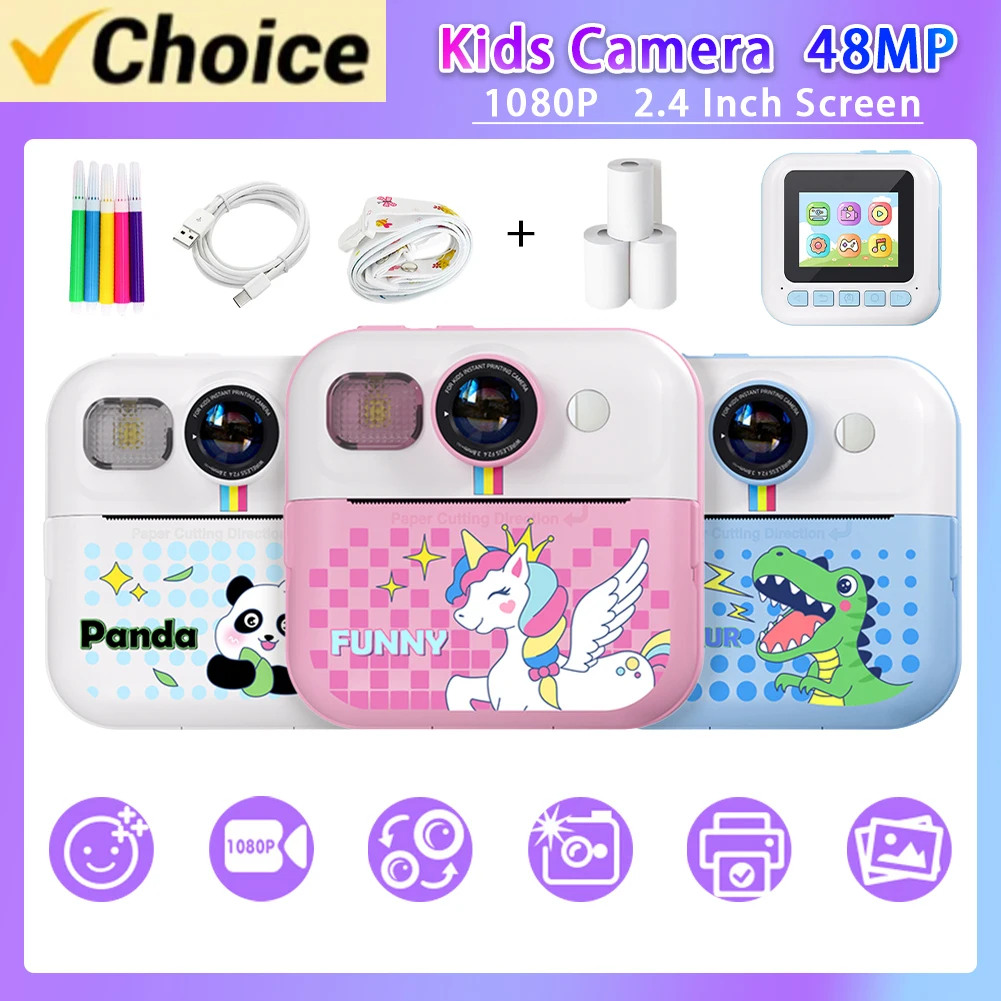 Kids Mini Instant Print Camera 2.4 Inch Screen Thermal Printing Camera 48MP 1080P Video digital camera