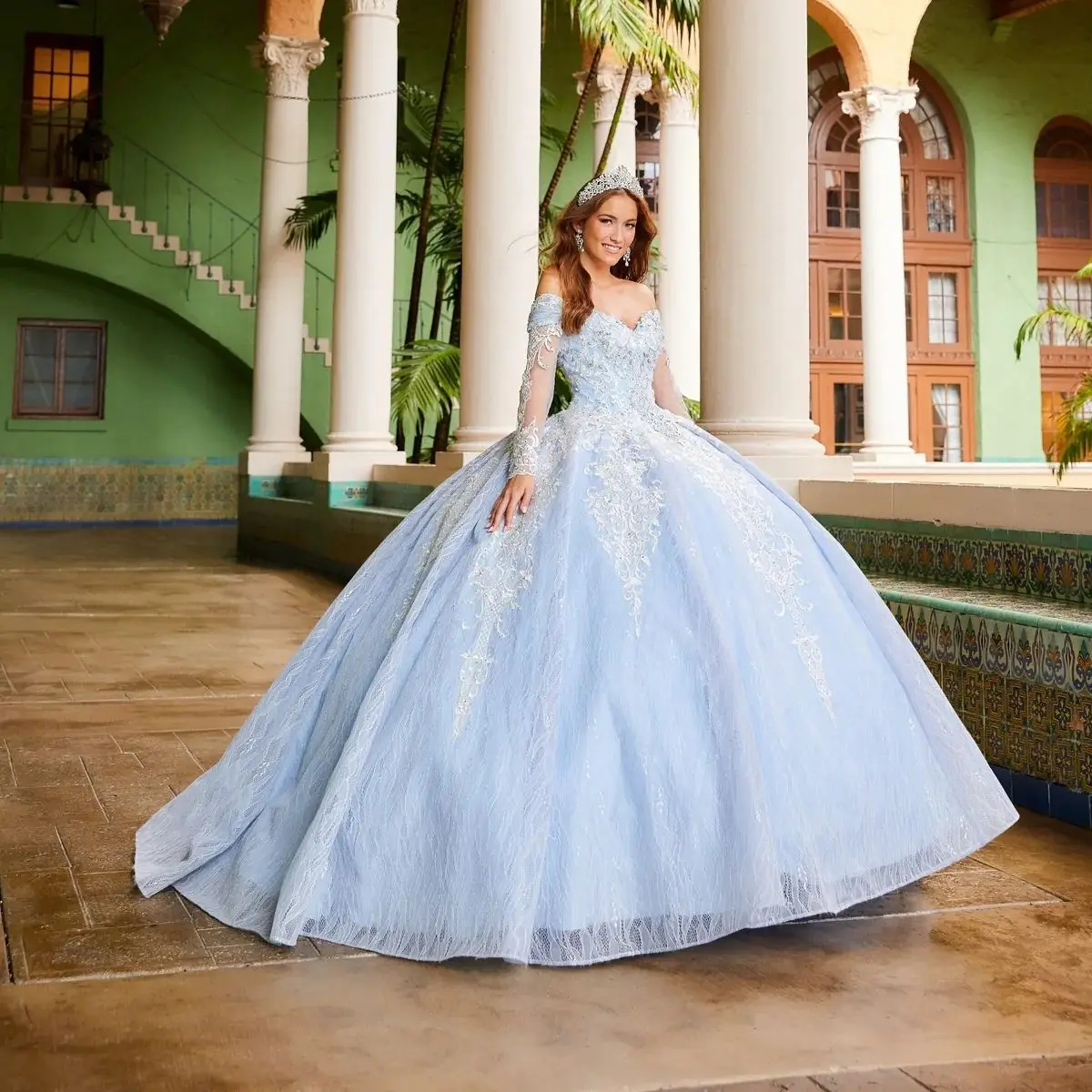 

Sky Blue Charro Quinceanera Dresses Ball Gown Long Sleeves Appliques Lace Beaded Mexican Sweet 16 Dresses 15 Anos