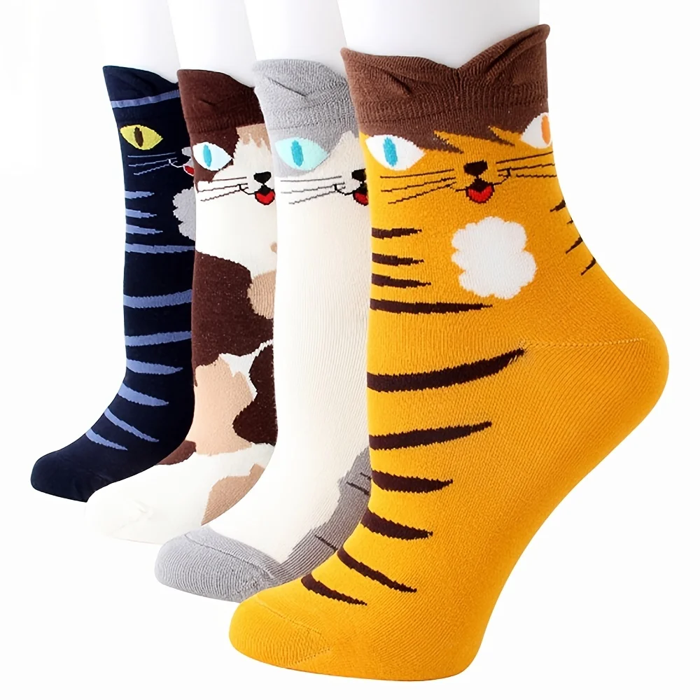 

4 Pairs of Women's Mid Length Socks, Novel and Cute Cartoon Cat Socks, Casual and Comfortable Mid Length Socks