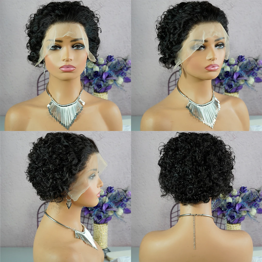 Short PiXie Cut Wigs 13X1 Lace Frontal Remy Human Hair Afro Spring curl Short Bob Human Hair for Black Women Brazilian 8inches