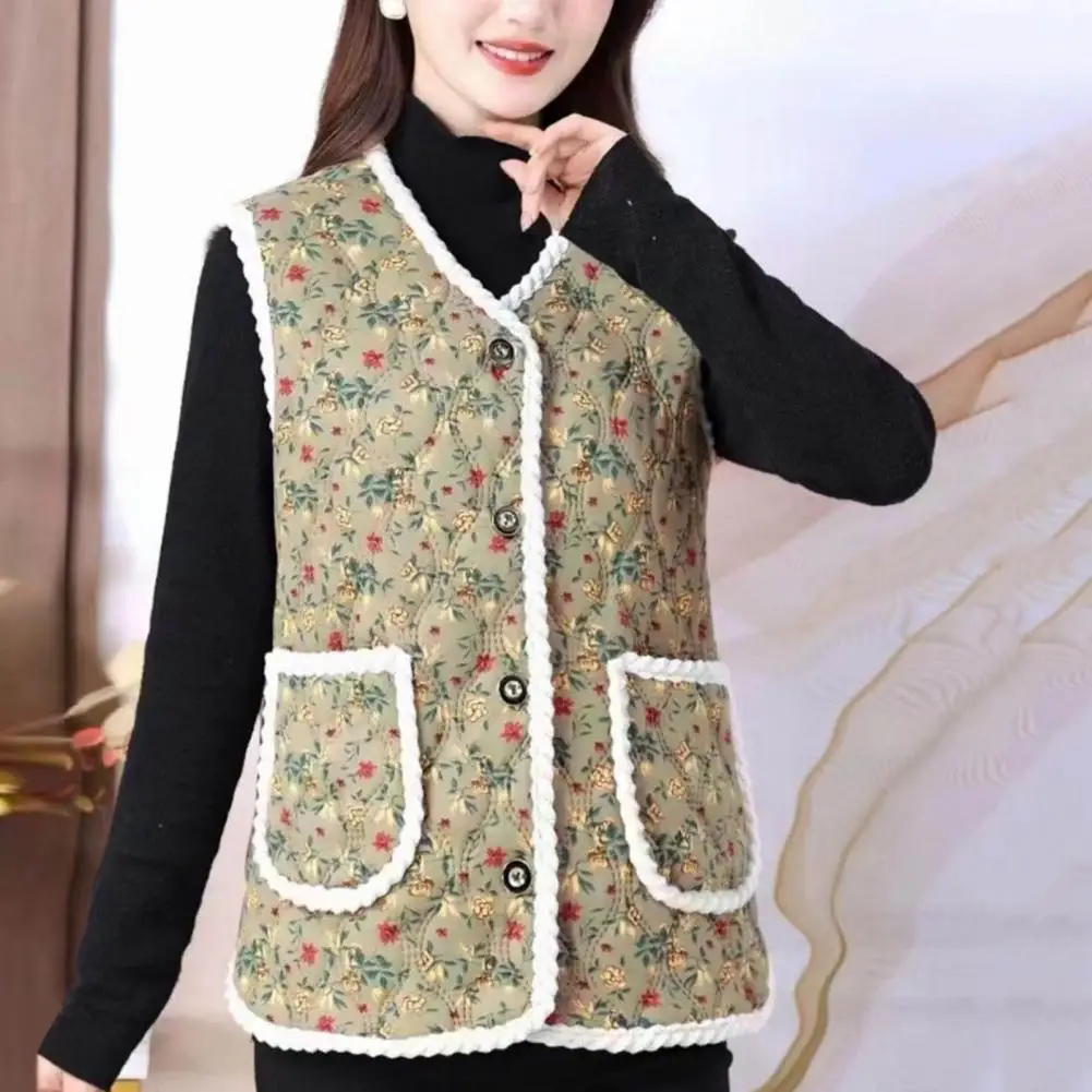 

Women Winter Vest Floral Print Padded Plush Vest Stylish Winter Cardigan with Windproof V Neck Pockets for Women Autumn Women