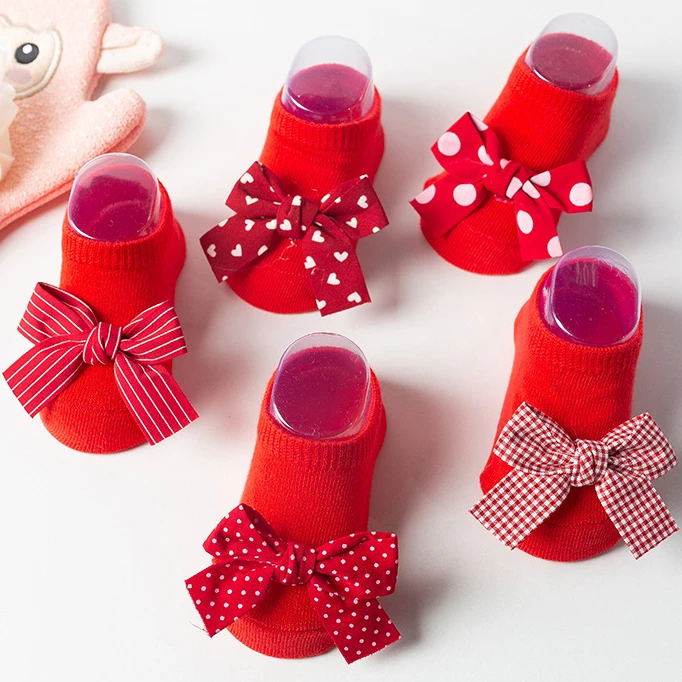 Cute Bowknot Baby Boat Socks Soft Cotton Newborn Girl Short Socks with Rubber Sole Anti Slip Red Color Kids Toddler Floor cotton socks,kids socks,baby socks,girls socks