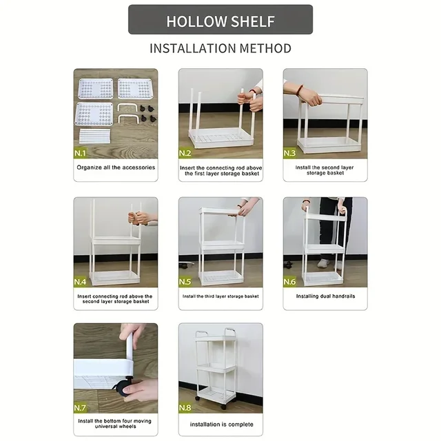 3-Layer Rolling Plastic Storage Cart with Armrests - Image 6