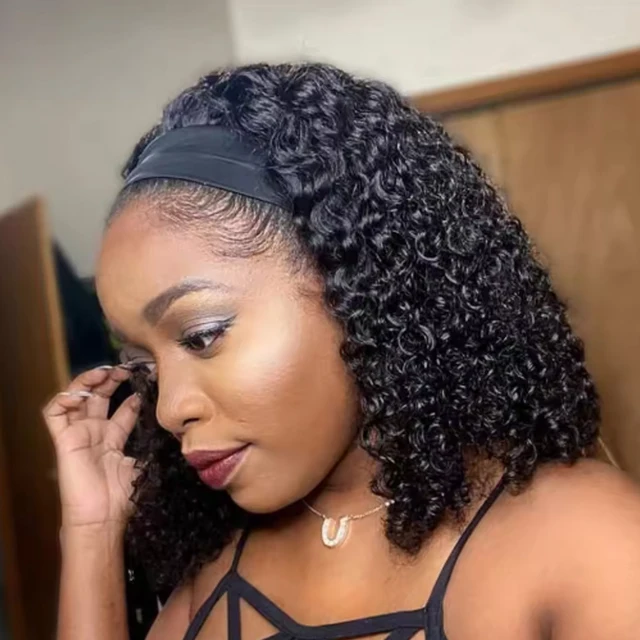 Bandeau cheveux humains Bob Afro crépus bouclés 250 densité brésilien Remy cheveux Afro profond bouclés sans colle écharpe perruques pour les femmes noires 1