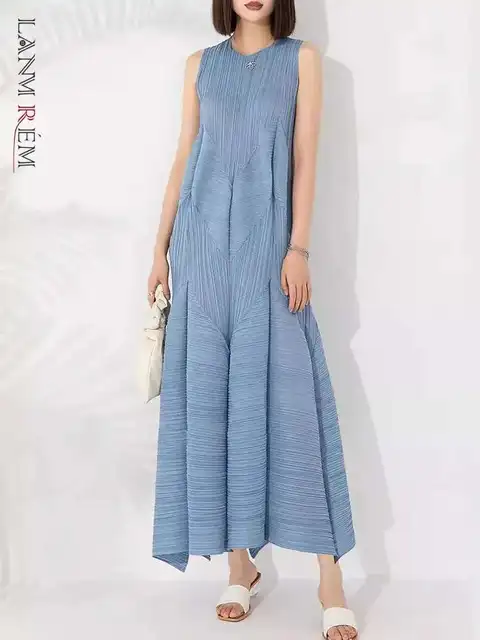 LANMREM Fashion Bubble Dress For Women O-neck Sleeveless Solid Color Long Dresses Elegant 2024 Female Summer New Clothing 2Z1545