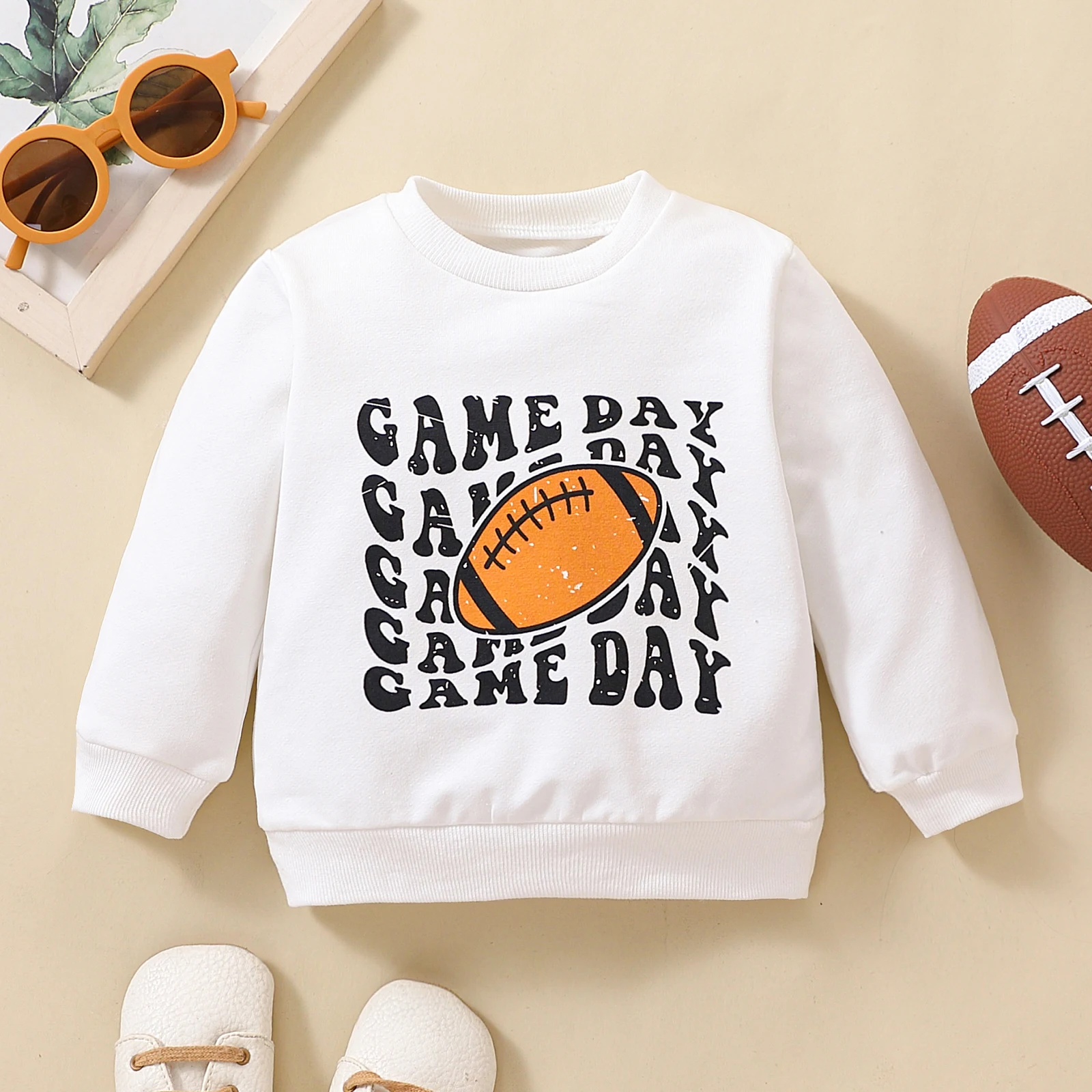 Autumn & Winter Baby Boy Children Clothes Letter &lsquo;Game Day&rsquo; Printed Rugby Long Sleeved T-Shirt