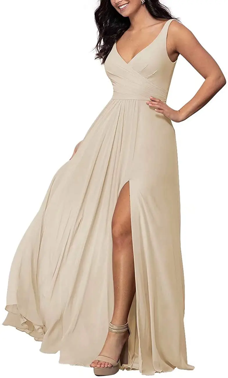 

Champagne V-Neck Long Bridesmaid Dress Simple Chiffon A-Line Skirt Slit Open Back Formal Evening Dress
