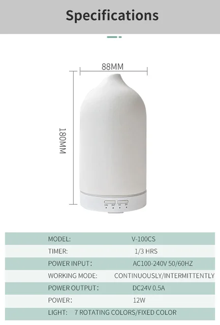 Ceramic Essential Oil Aromatherapy Diffuser Ultrasonic Air Humidifier with Timer Night Light Waterless Auto Off Cool Mist Maker 6