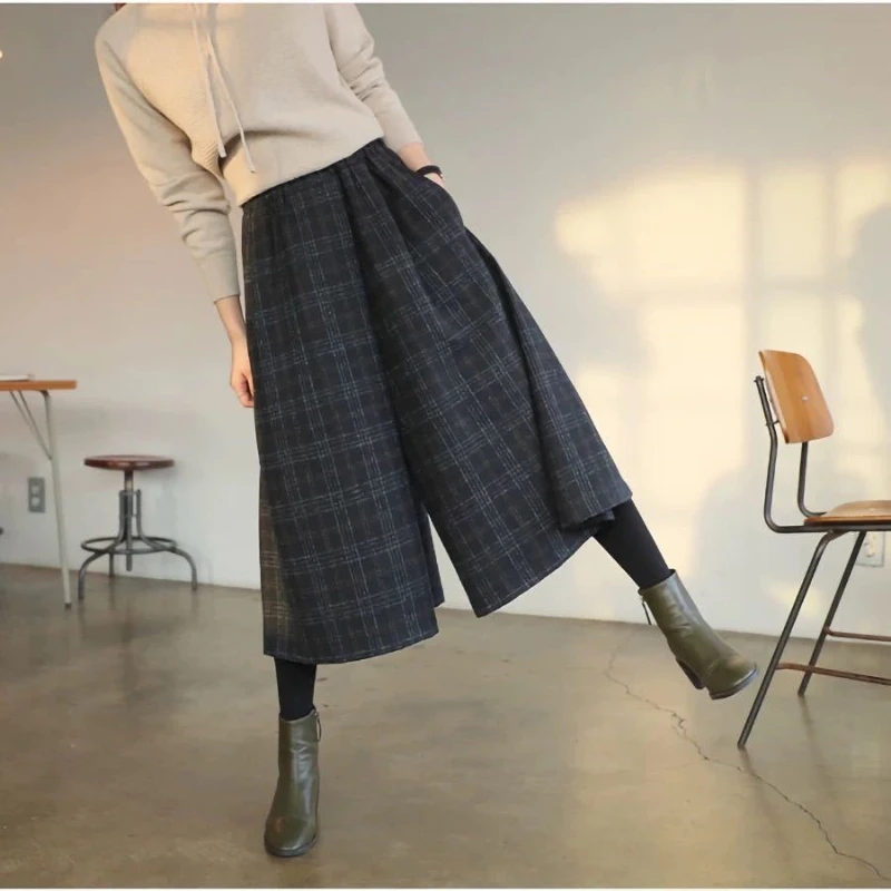 

Loose wool wide leg pants for women's Y2K pleated street high waisted pants, straight leg women's plaid elastic casual pants new