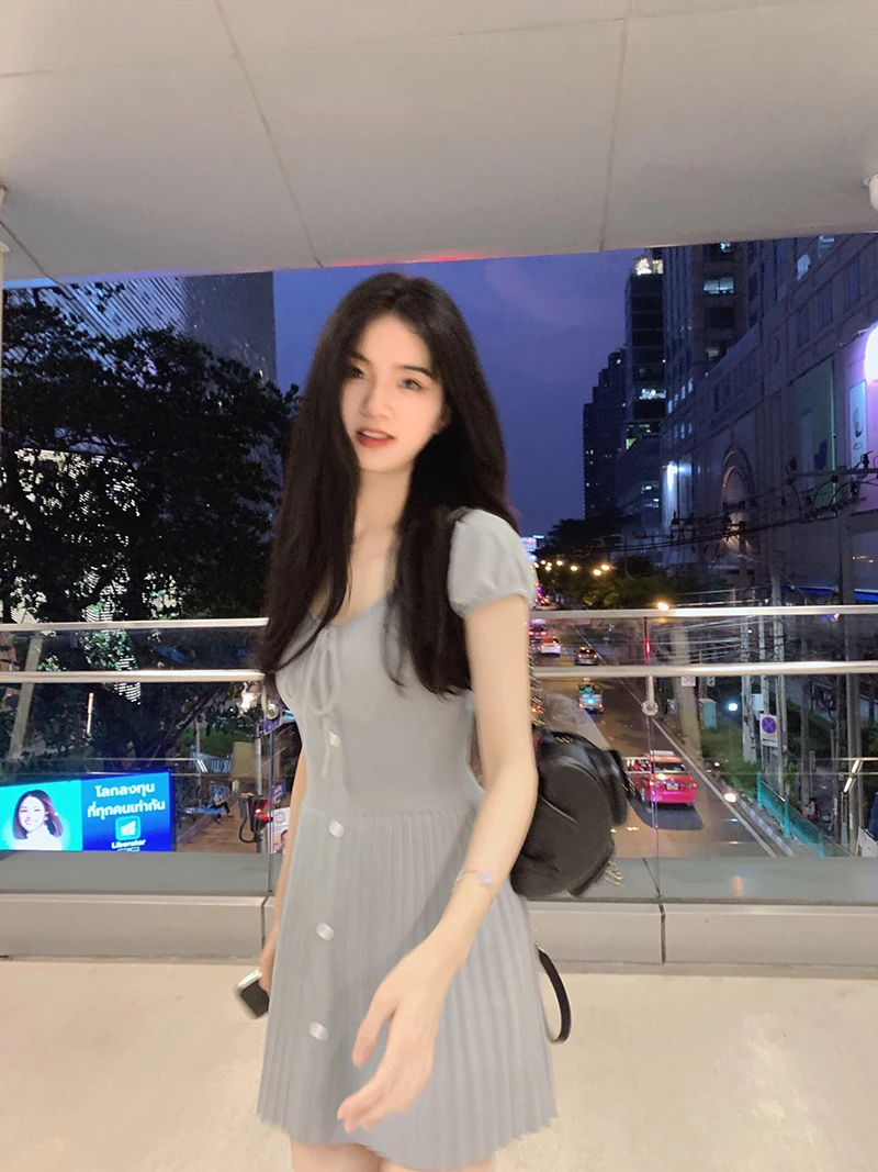 Sexy Knitted Dresses for Women V-neck A-Line Pleated Mini Dress Korean Fashion Solid Autumn Knitting One Piece Vestido Mujer New