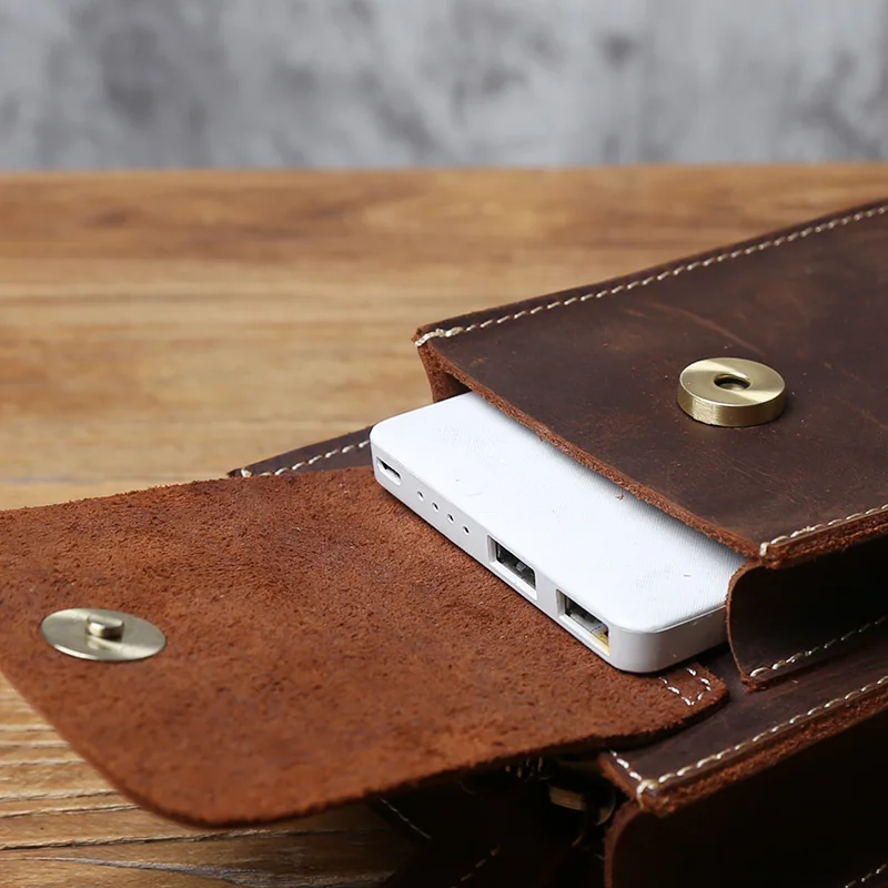 NZPJ Genuine Leather Men's Waist Bag Retro Top Layer Cowhide Single Shoulder Bag Crazy Horse Leather Mobile Phone Bag Satchel