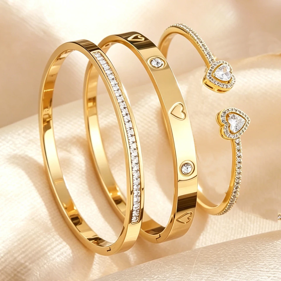 Yupsk 1/3pcs 18K Gold Plated Stainless Steel Heart Bracelet Set Fashion Zirconia Open Bangle Women's Bracelet Set For Daily Wear 3