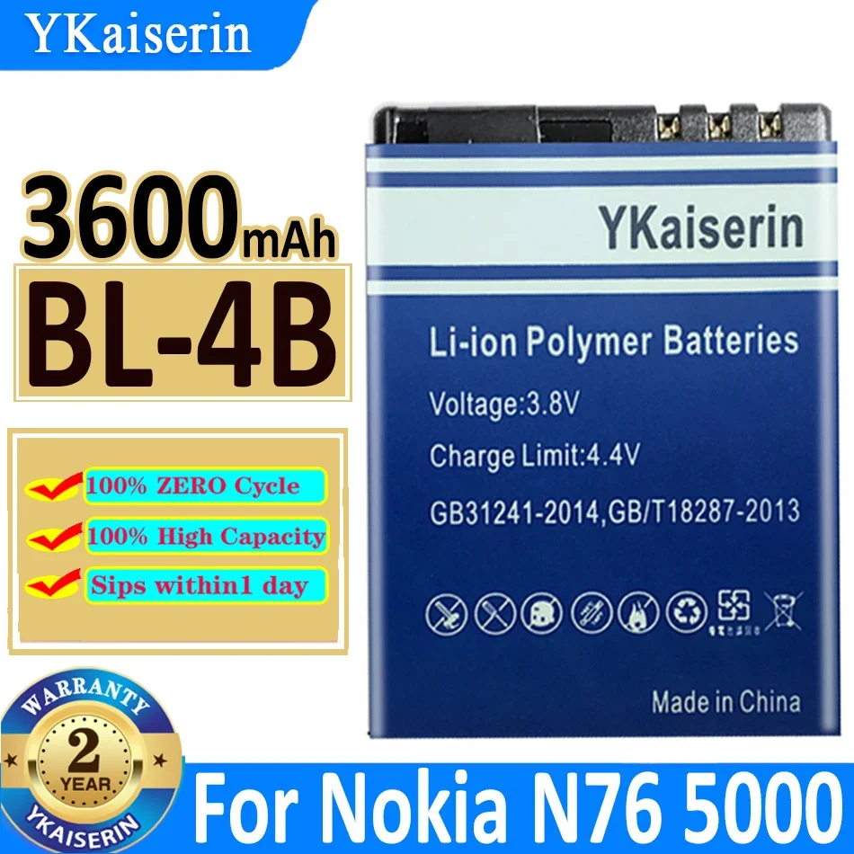 3600Mah Ykaiserin Batteria Bl-4B Per Nokia 6111 2630 2660 2760 3606 3608 C7070 N75 N76 N5000 Bl 4B Bl4B Bateria