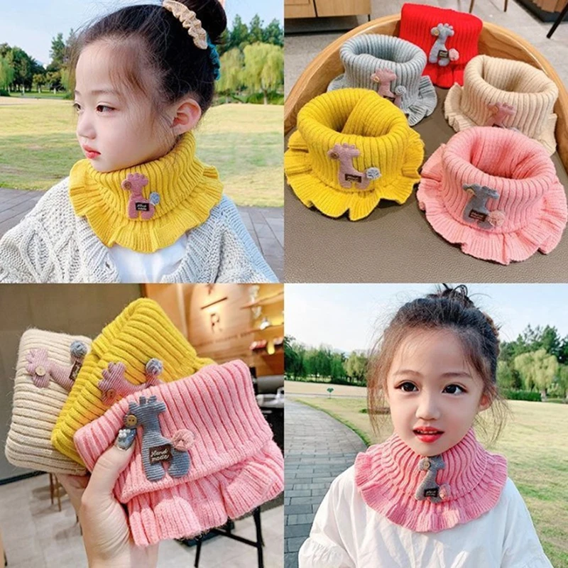 Baby Cartoon Giraffe Knit Scarfs Autumn Winter Outdoor Windproof Warm Thick Scarf Children Flanged Shawl False Collar Neck Sets images - 6