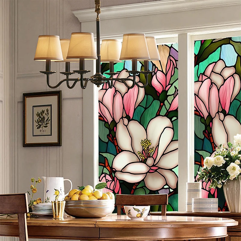 Colorful Retro Removable Window Privacy Stained Decorative Flower Birds Window Glass Electrostatic Stickers Film For Home Office