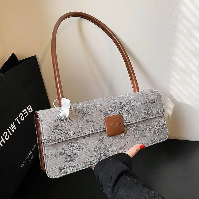 Square Printed Large Capacity 2023 Fashionable Canvas Stick Bag, Autumn and Winter Niche Retro One Shoulder Underarm Bag,