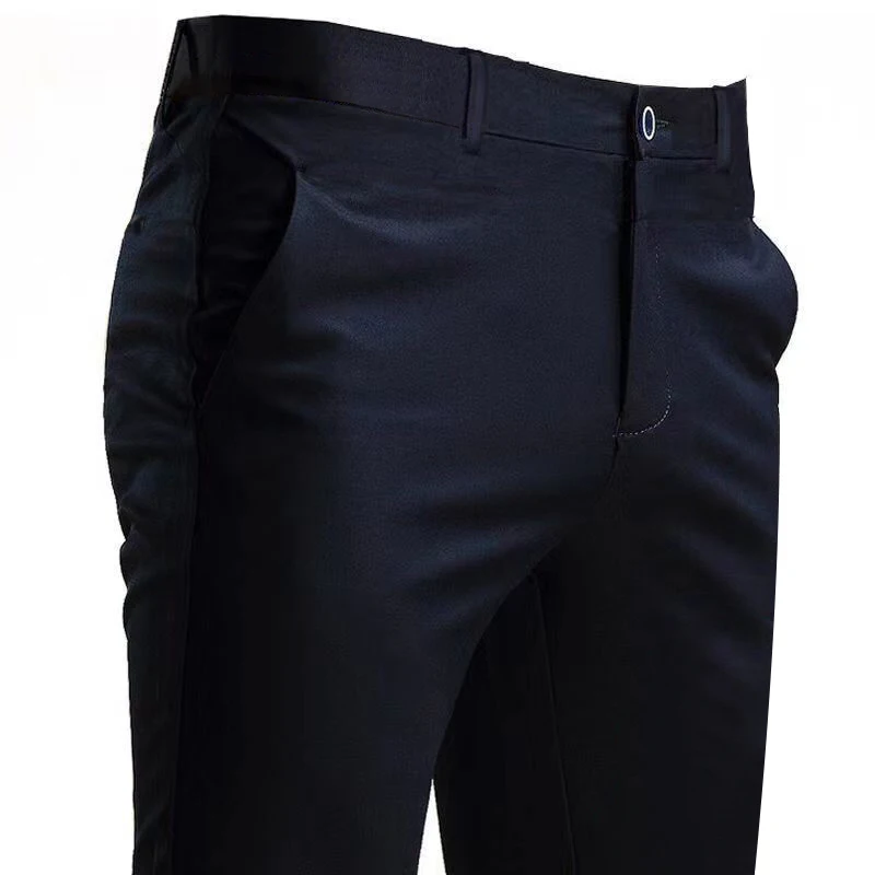 Men's Suit Pants Stretch Smart Casual Trousers Pocket Solid Color Straight Wearable Full Length Home Work Black Dress Pants 4