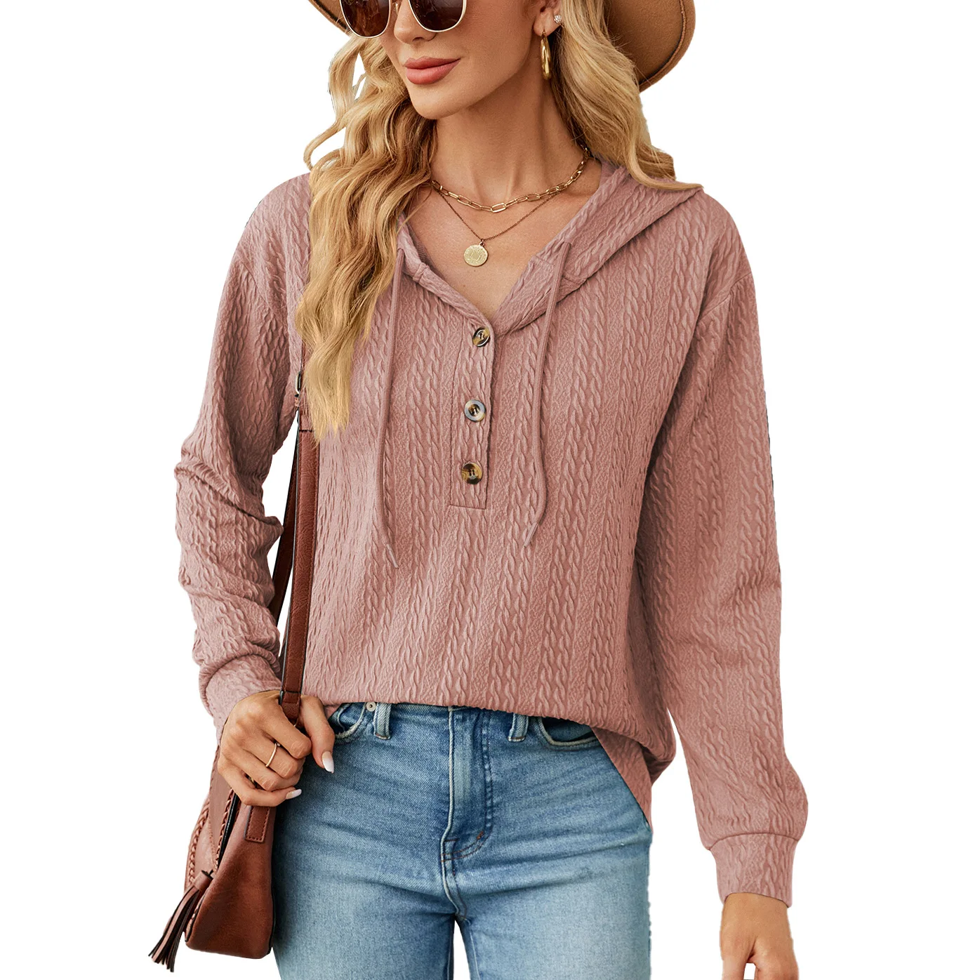 Autumn and Winter New Solid Color Hooded Button Loose Long Sleeved Hoodie for Women