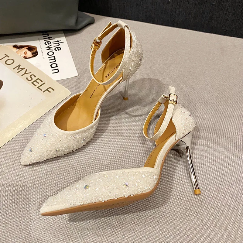 Fashion Summer Pumps for Women Shoes Sequined Cloth 8CM Thin High Heels Pointed Toe Slip-On Shallow Solid Shoes Woman Party
