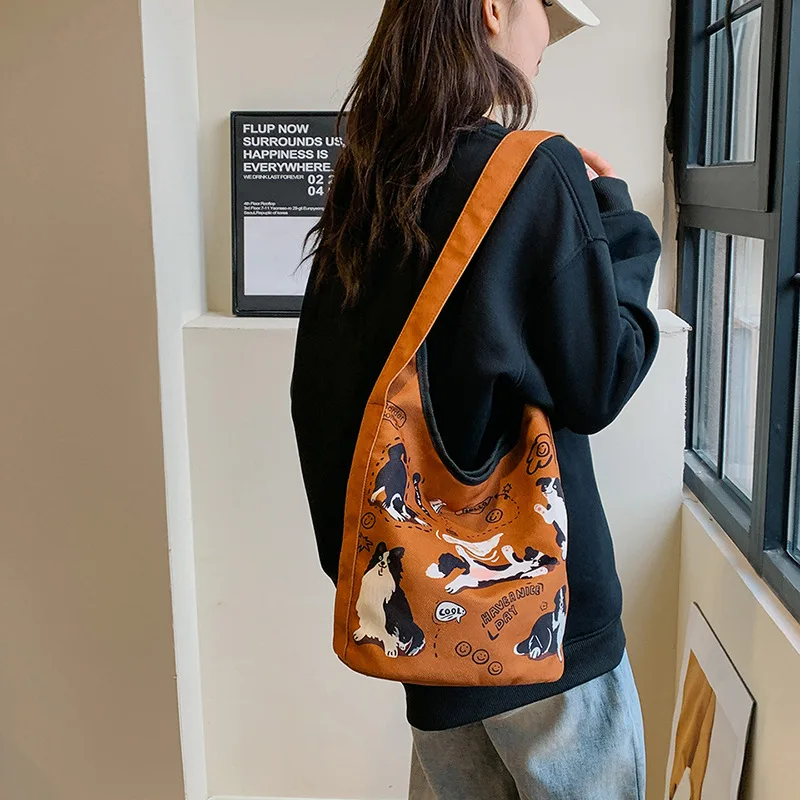 Vintage Shoulder Bag NEW Korean Style Cute Dog Print Fashion Large Capacity Casual Canvas Purses and Handbags Commute All-match