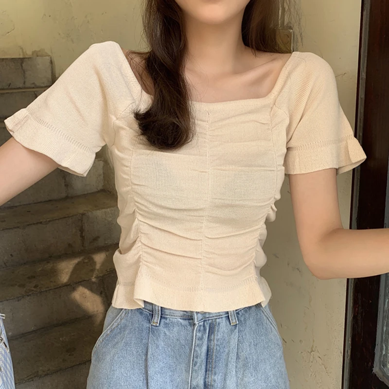 

Crop Top T Shirt Women Thin Knitted Folds Tee Shirt Summer Tops 2022 Short Sleeve Tshirt Korean Clothes Womens Camisetas Mujer