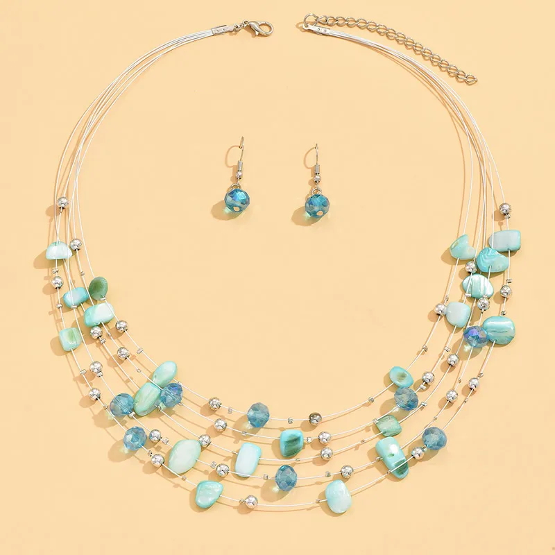 Colorful Shell Crystal Necklaces & Earrings Set For Women Multilayer Choker Necklace Women Crystal Earring Jewelry Sets jewelry sets jewelry set women earrings