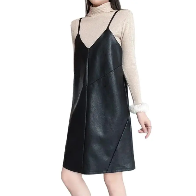 

Women's Dress Fashion Spring Summer Autumn PU Leather Suspender Dress 2023 Korean Slim Wearing Strap Vest Dresses Female