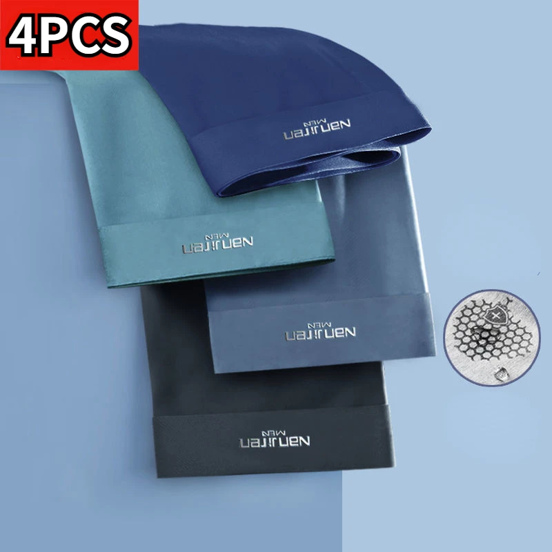 4PCS Men's Panties Graphene Antibacterial Male Boxer Shorts Ice Silk Absorbent Elastic Breathable Men Underwear Plus Size L-4XL