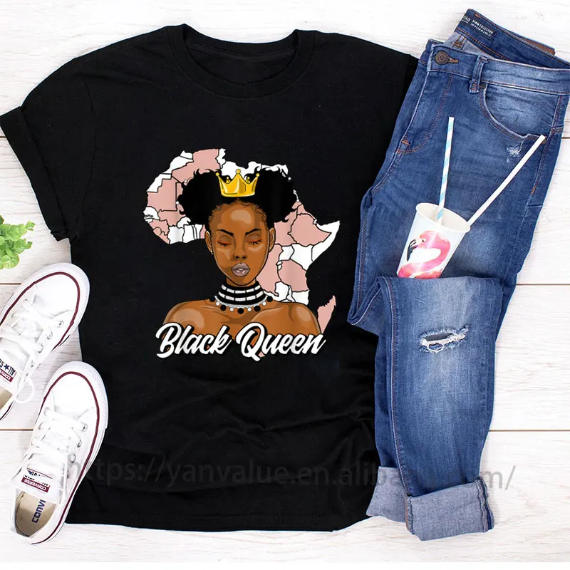 

Wholesale Short Sleeve Tshirt 100% Cotton Custom Logo Black Women Melanin Girl Printing Round Neck Ladies Tees Women T shirt