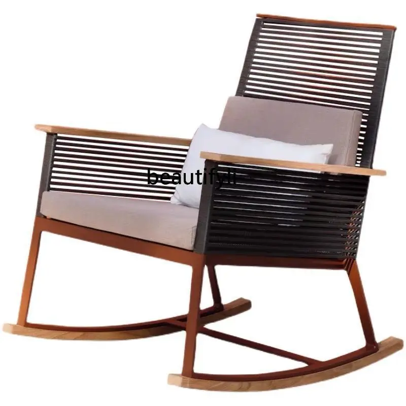 

HJ Table and Chair Courtyard Balcony Solid Wood Rocking Chair Lazy Garden Single Rattan Chair Living Room Sofa