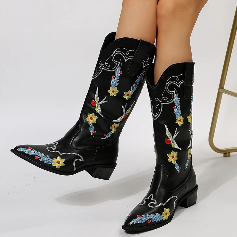 High Pointed Toe Embroidered Thick Heel Cowboy Boots