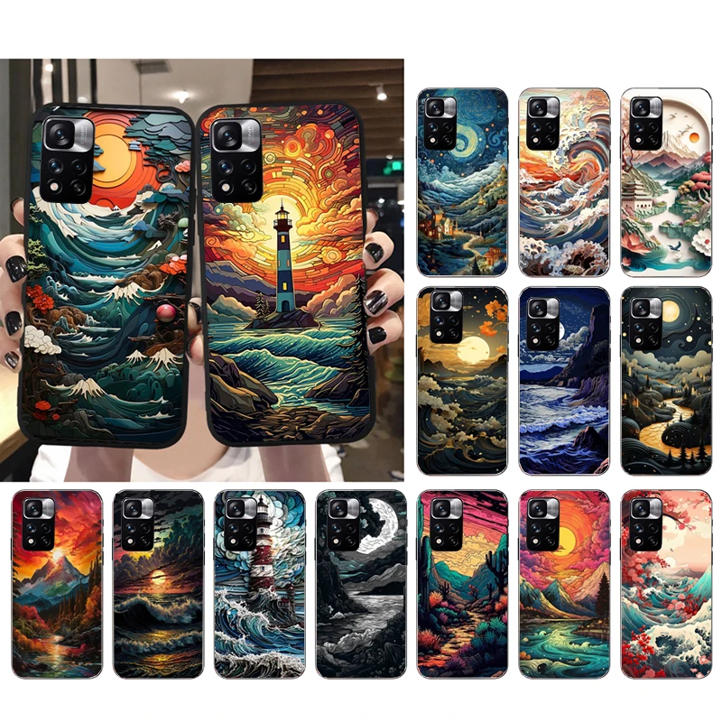 

Beautifull landscape Moon Wave Art Phone Case For Xiaomi Redmi Note 12 Pro 11S 11 10 Pro 10S 12R 12S 12 ProPlus Redmi 10 9C