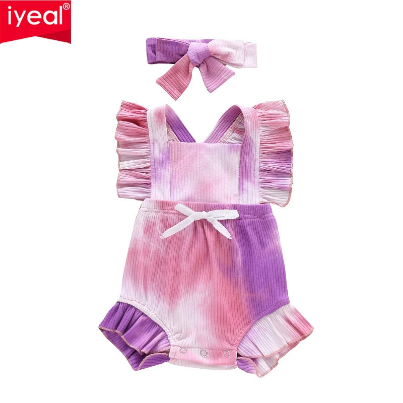 IYEAL 0-24M Newborn Baby Girls Tie-Dye Bodysuit Ruffles Short Sleeve Lovely Jumpsuits+Headband 2Pcs Lovely Baby Clothing