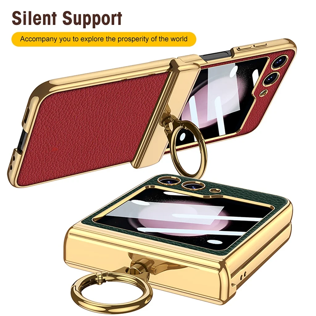 Luxury Magnetic Hinge Protector Electroplated Frame Phone Case Cover For Samsung Galaxy Z Flip 5 5G Case With Ring Holder