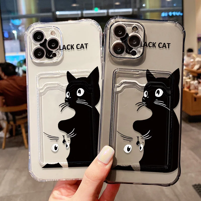 Charming Black Cat Phone Case with Wallet and Card Holder Features