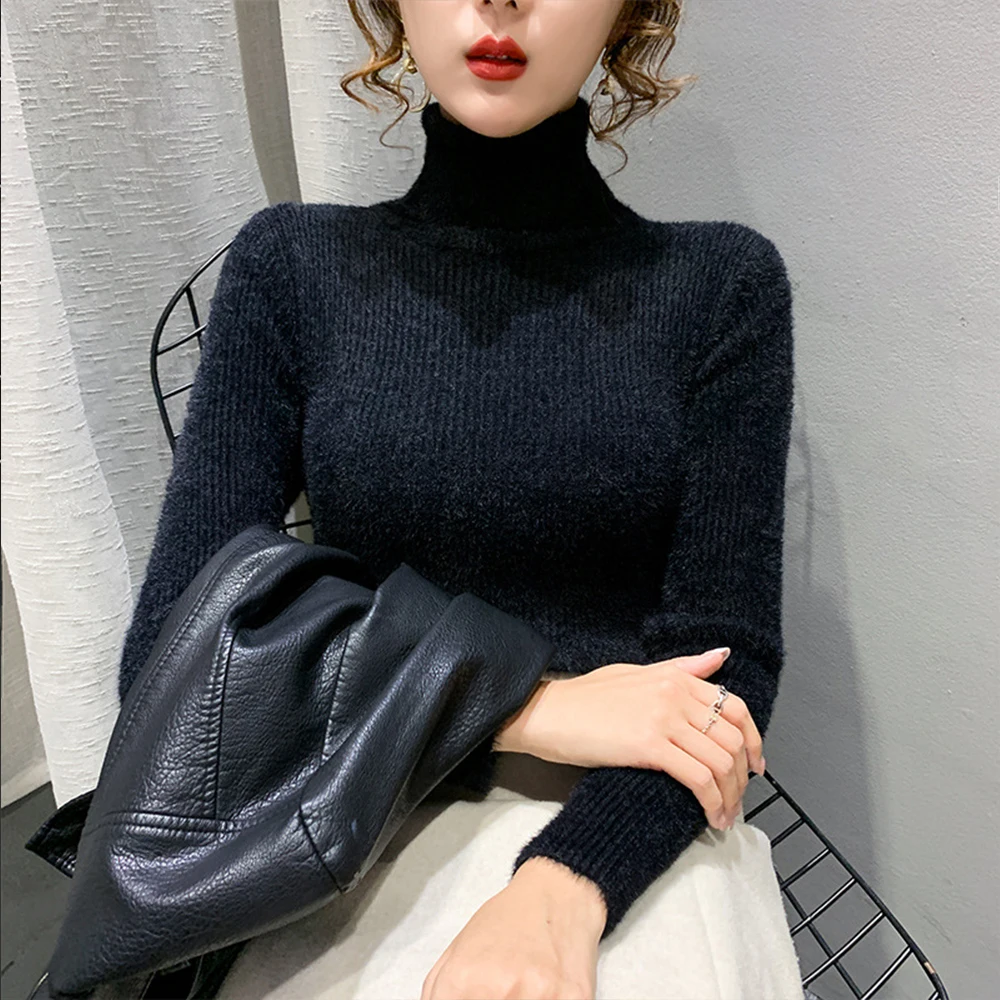 New Autumn Winter Women Sweater Turtleneck Green Knitted Pullover Fashion Keep Warm Tops Basic Slim Stretch Soft S-2XL T Shirt