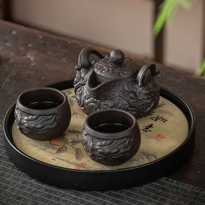 Dragon Teapot Portable Fu Kung Tea Set Teapot [1 + 2 Set] Cups Chinese Porcelain Tea Sets Ceramic Yixing Purple Clay Kettle