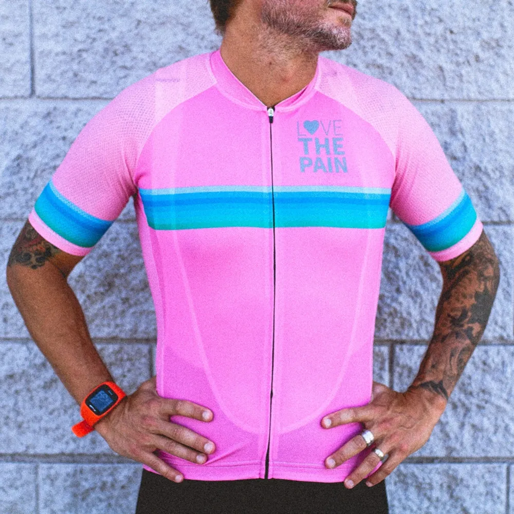 男性用Love The Pain Cycling Jerseyセット,屋外MTB Jersey,ビブ