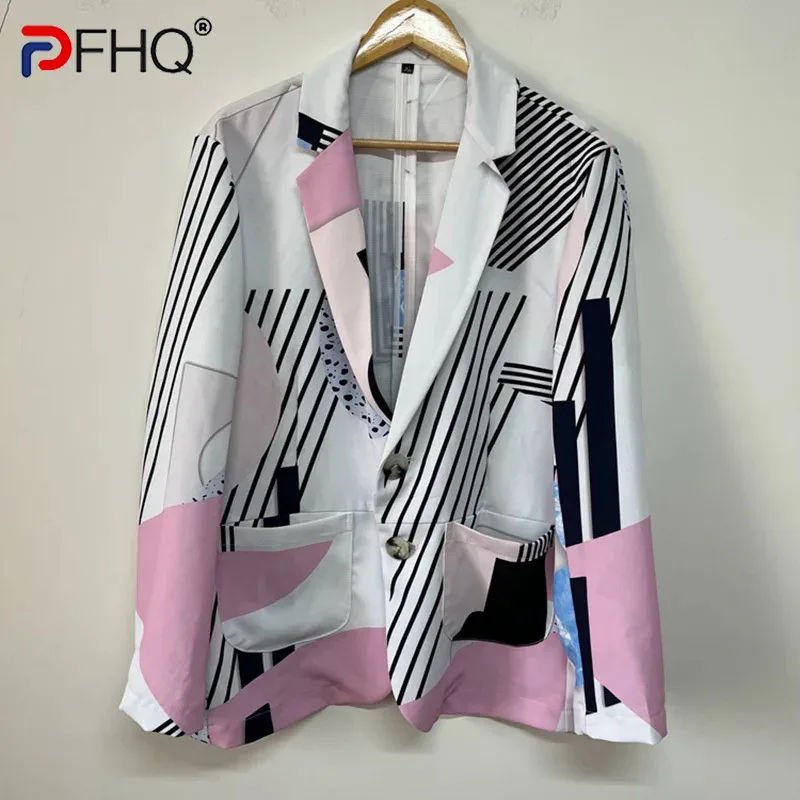 

PFHQ Men's Asymmetric Irregular Printed Blazers Thin Niche Designer Trendy Pockets Summer Male Button Jackets Original 21Z4552