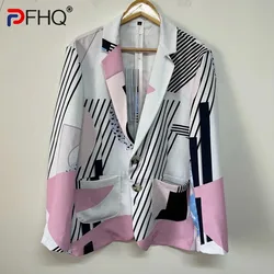 PFHQ Men's Asymmetric Irregular Printed Blazers Thin Niche Designer Trendy Pockets Summer Male Button Jackets Original 21Z4552