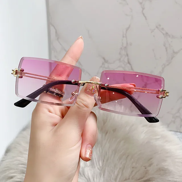 Vintage Fashion Frameless Sunglasses for Women Rimless Rectangle Shades Gradient UV400 Summer Traveling Sun Glasses 2022 Eyewear Gold Purple
