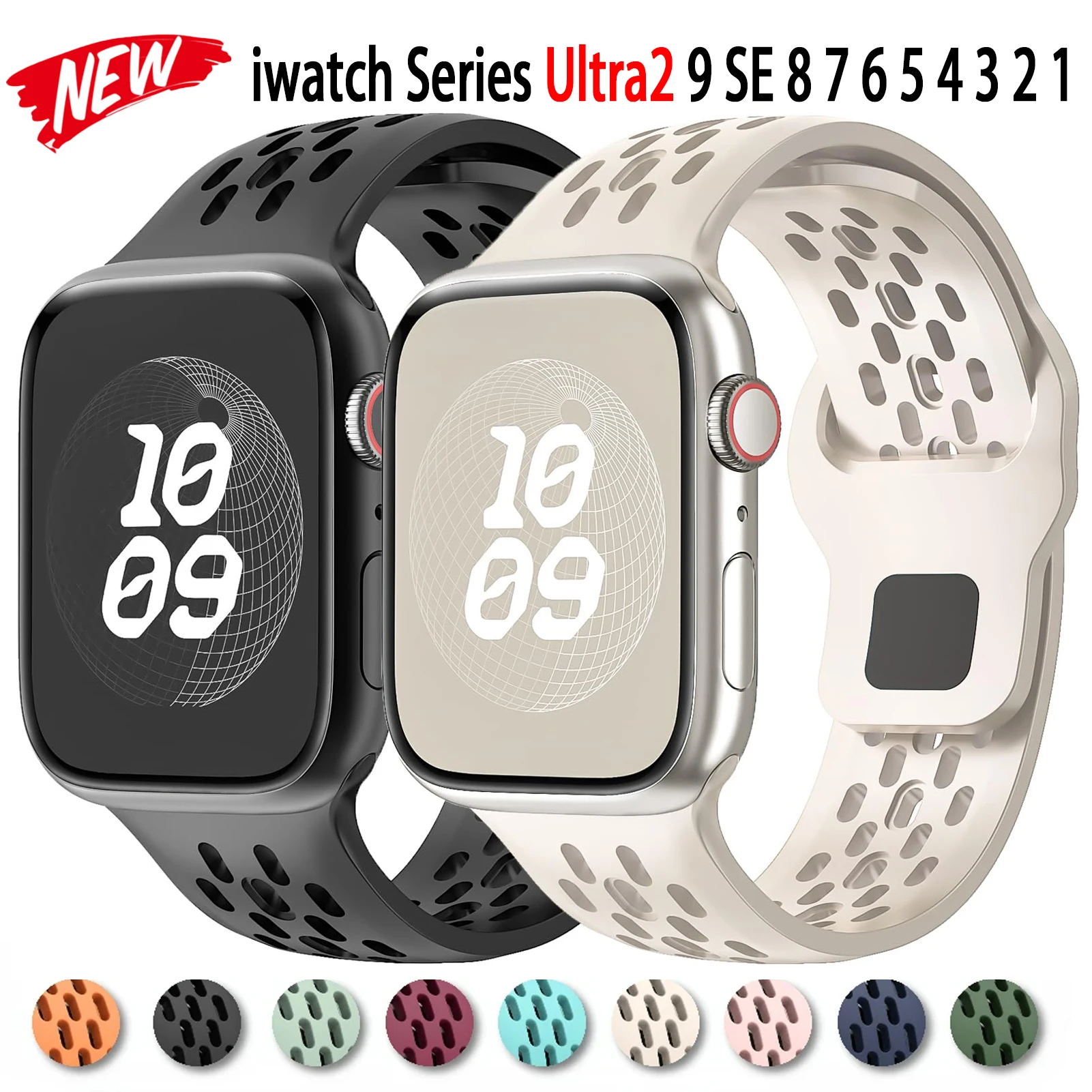 애플 워치 밴드용 실리콘 스트랩, 스포츠 통기성 팔찌, iwatch 시리즈 9, 8, 7, 6, 5, 3, SE 울트라 2, 45mm, 44mm, 49mm, 40mm, 41mm, 38mm