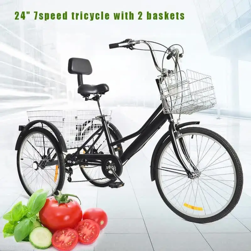 Tricycle Musculaire Adulte 24" Noir 5 Vitesses - Poids Max 100kg Avec Panier - Neuf