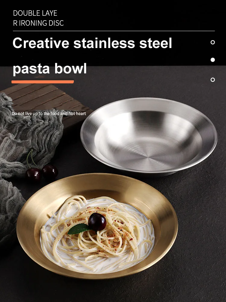 Metal Dining Plate Korean Style Stainless Steel Hat Shaped Dish Plate Household Wide Edge Salad Thickened Pasta