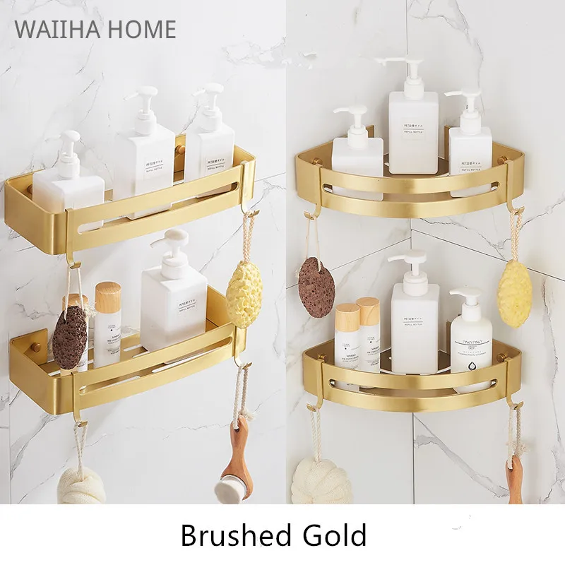 Gold Color Corner Shelf Wall Mounted Bathroom Shelf Brushed Aluminum ...
