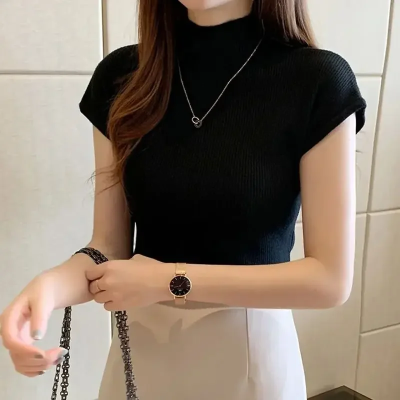 Short Sleeve Mock Neck Knit Crop Top for Women Basic Rib-knit Pullovers Knitwear Classic Office Lady Summer Outfit