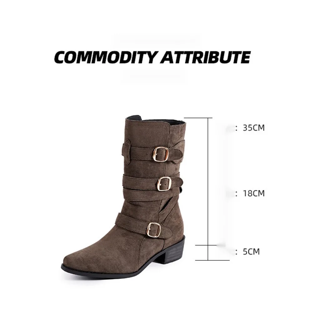Spetsiga Knight-stövlar för kvinnor Hösten 2024 nya brittiska stövlar med spänne i västerländsk stil, mellanhöga Martens-stövlar för kvinnor_voghion.com