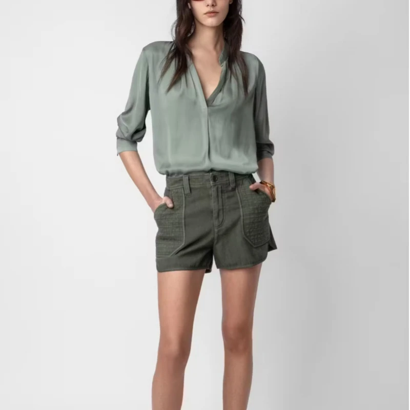 

2024 Spring and Summer New Shirt V-neck Long-sleeved Solid Color Blouse