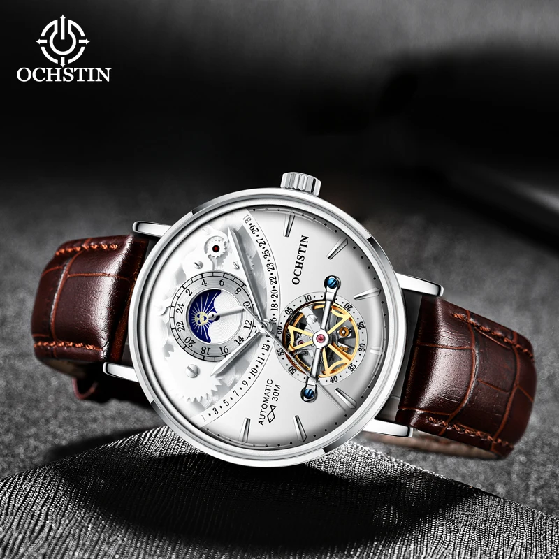 OCHSTIN Masterpiece Series Flywheel Hollow Mechanical Mens Watch Pot Lid Three-dimensional Glass Leather Strap Mechanical Watch
